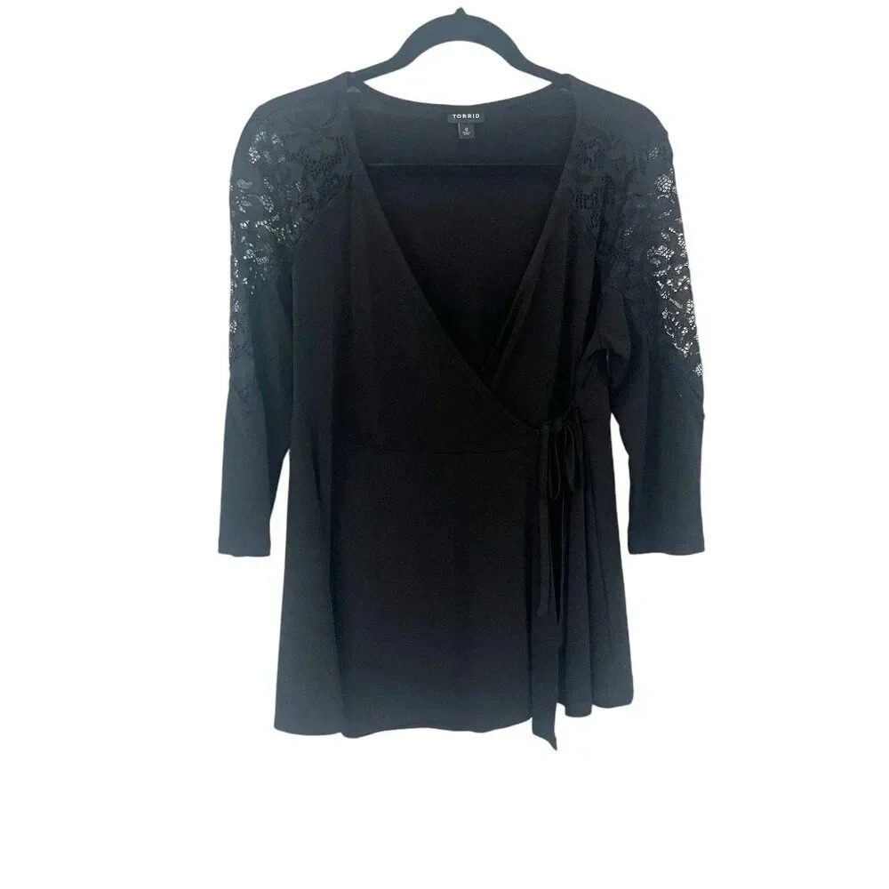 Torrid Black Faux Wrap Surplice Top with Lace Sleeves Women's Plus Size 0X